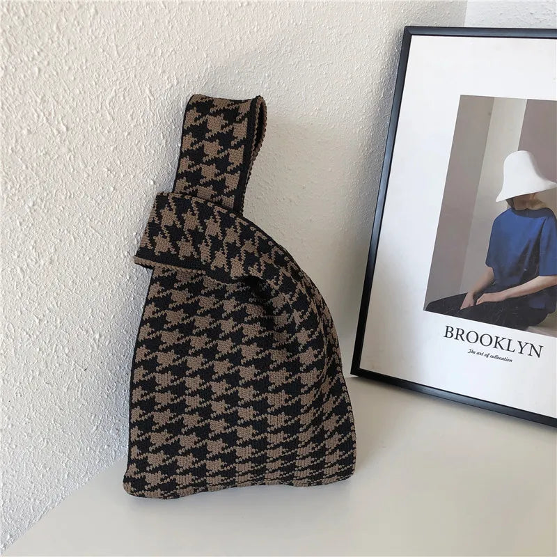 Plaid Knitting Women Shoulder Bag Hollow Out Tote Ladies Female Woven Shopper Pu