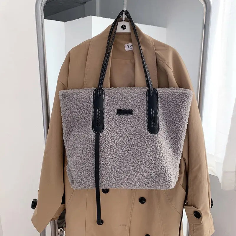 Plush Large Shoulder Bag Woman Zipper Faux Fur Ladies Handbags