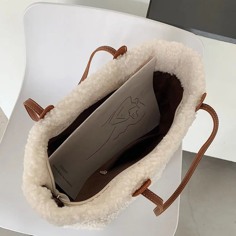 Plush Large Shoulder Bag Woman Zipper Faux Fur Ladies Handbags