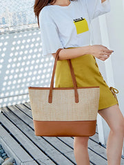Straw Women'S Shoulder Bags Pu Contrast Shopping Bags