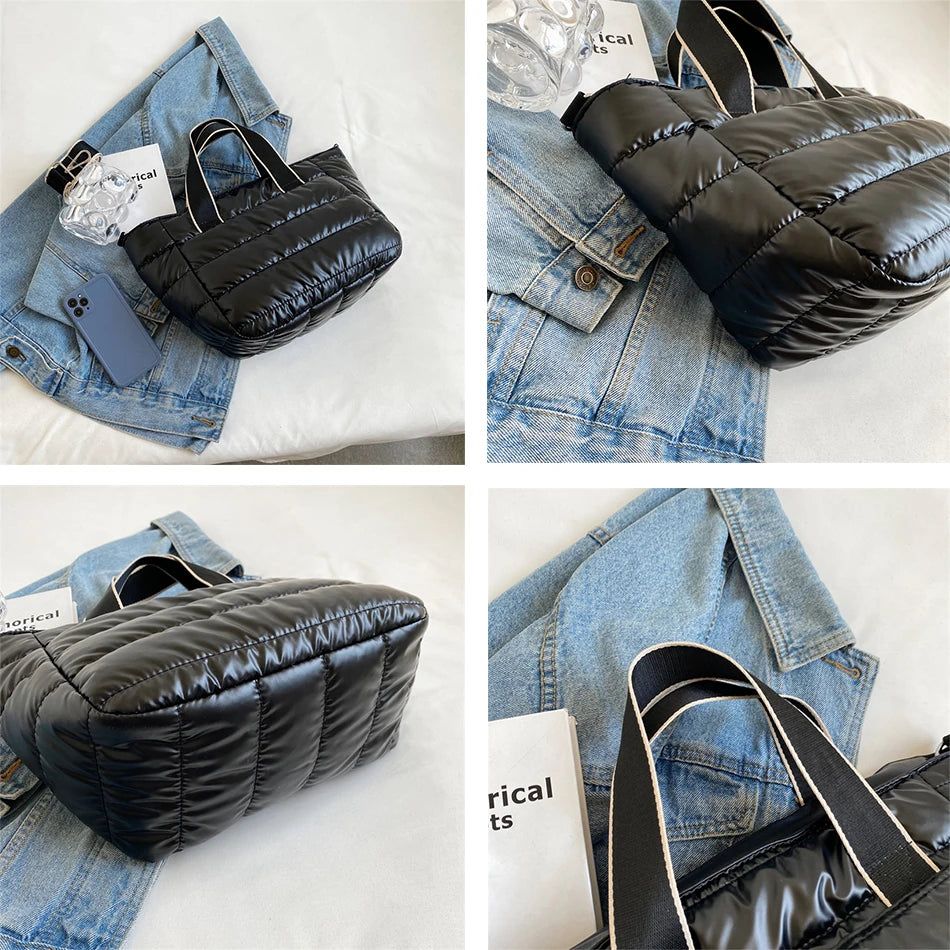 Padded Crossbody Shoulder Bag Down Fabric Winter Tote