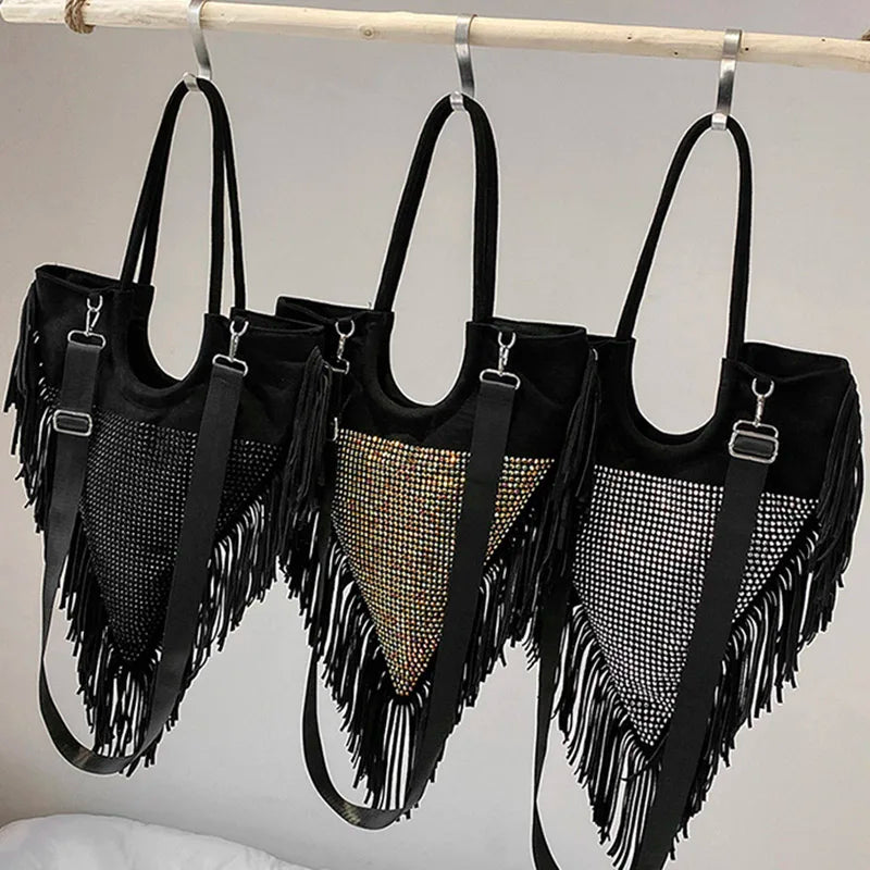 Fringe Crystal Shoulder Handbag Nylon Shopping Bag