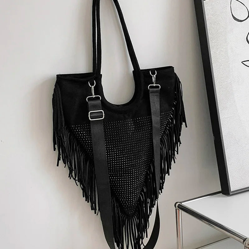 Fringe Crystal Shoulder Handbag Nylon Shopping Bag