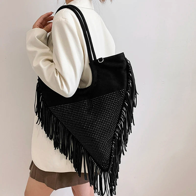 Fringe Crystal Shoulder Handbag Nylon Shopping Bag