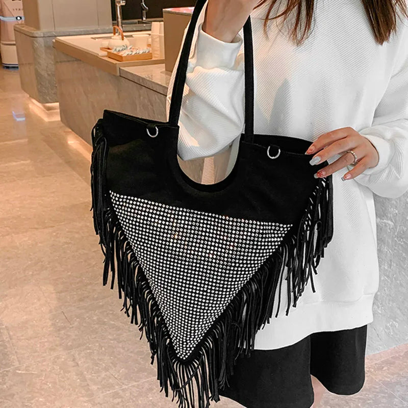 Fringe Crystal Shoulder Handbag Nylon Shopping Bag