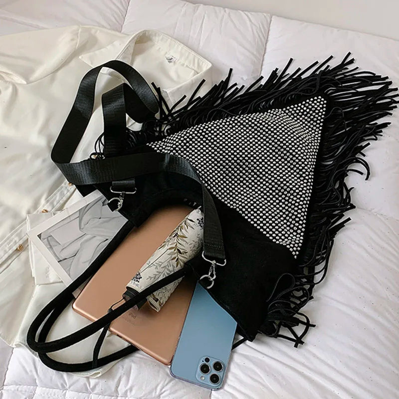Fringe Crystal Shoulder Handbag Nylon Shopping Bag