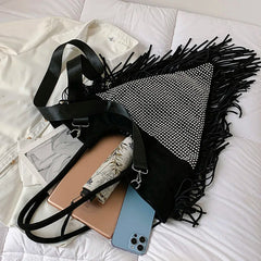 Fringe Crystal Shoulder Handbag Nylon Shopping Bag