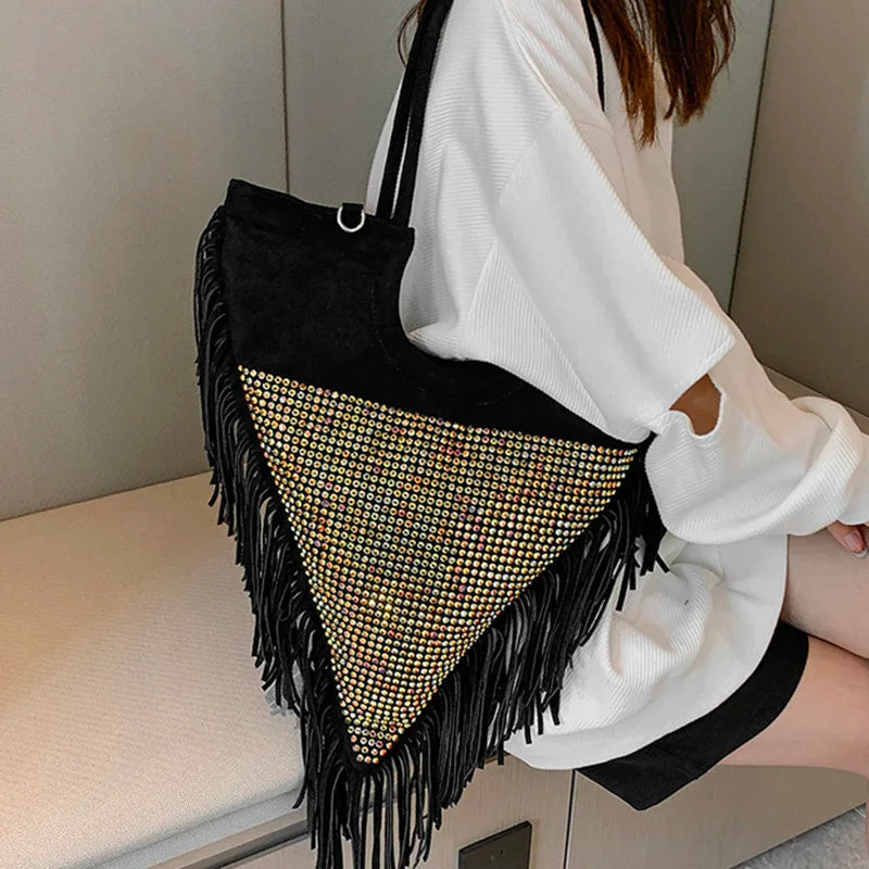Fringe Crystal Shoulder Handbag Nylon Shopping Bag