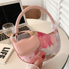 Pink Half Moon Handbag PU Leather Tote Flower Shoulder Bag Evening Clutch
