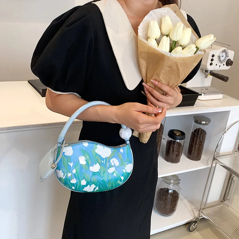 Pink Half Moon Handbag PU Leather Tote Flower Shoulder Bag Evening Clutch