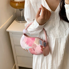 Pink Half Moon Handbag PU Leather Tote Flower Shoulder Bag Evening Clutch