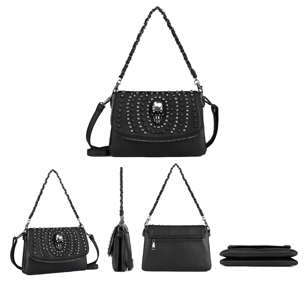 Women Shoulder Bag Crossbody Bag Punk Stud Skull Handbag Purse