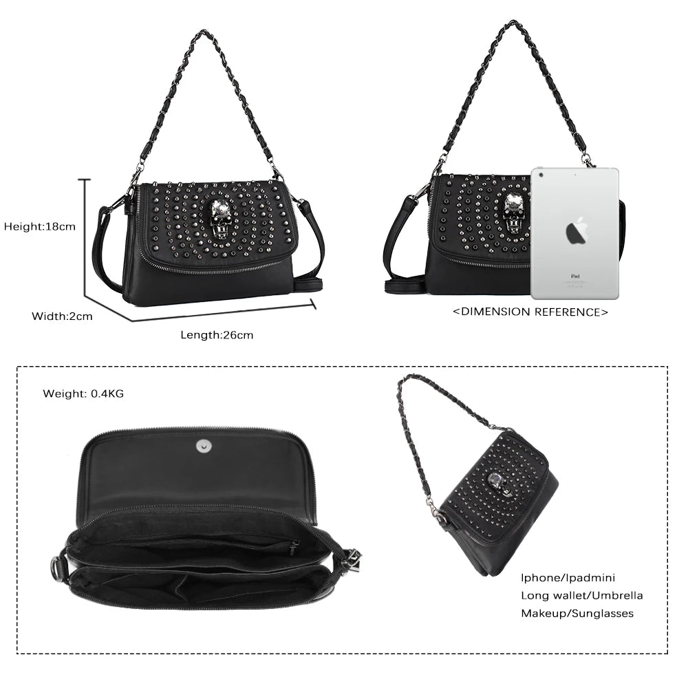 Women Shoulder Bag Crossbody Bag Punk Stud Skull Handbag Purse