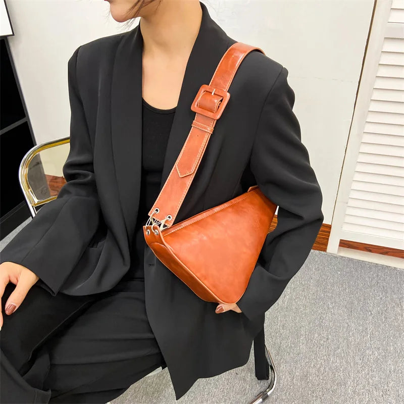Women Triangular Chest Bags Saddle Shoulder Tote Beige Green Brown