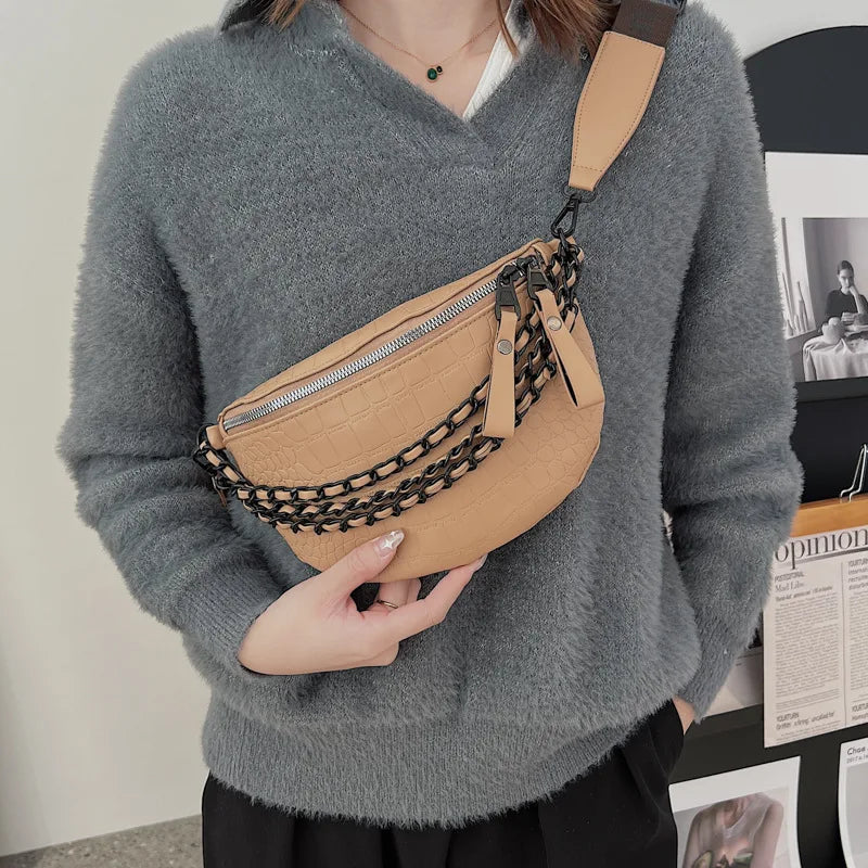 Stone Pattern Leather Waist Bag Chain Fanny Pack