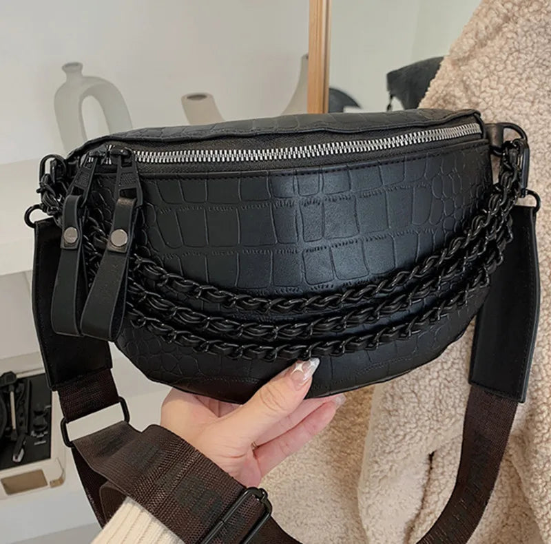 Stone Pattern Leather Waist Bag Chain Fanny Pack
