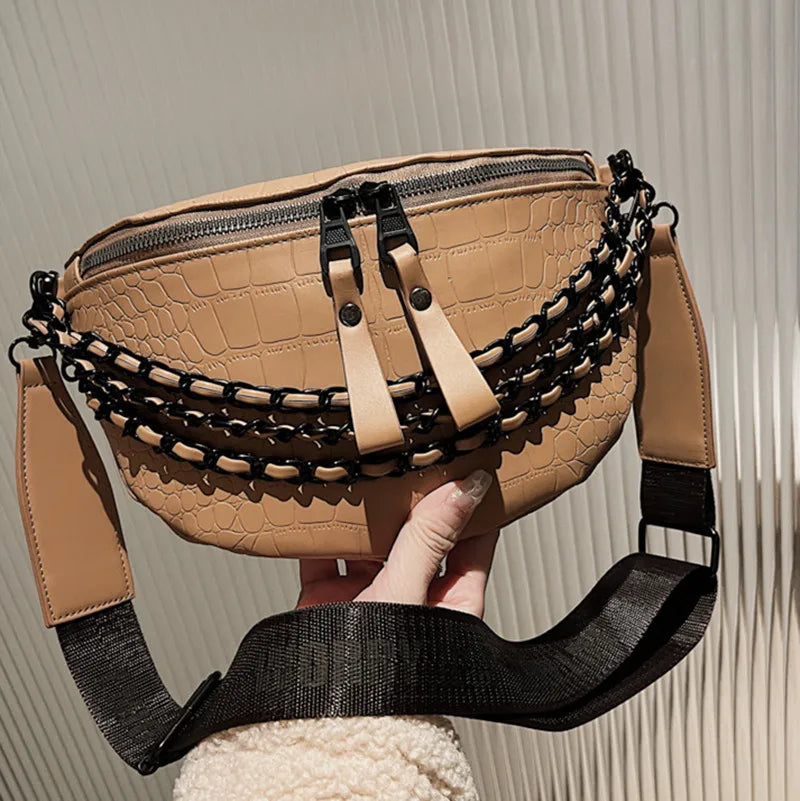 Stone Pattern Leather Waist Bag Chain Fanny Pack
