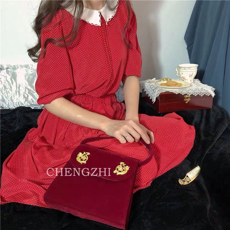 Vintage Small Square Bag Red Velvet Women Handbags Cupid's Arrow Chain