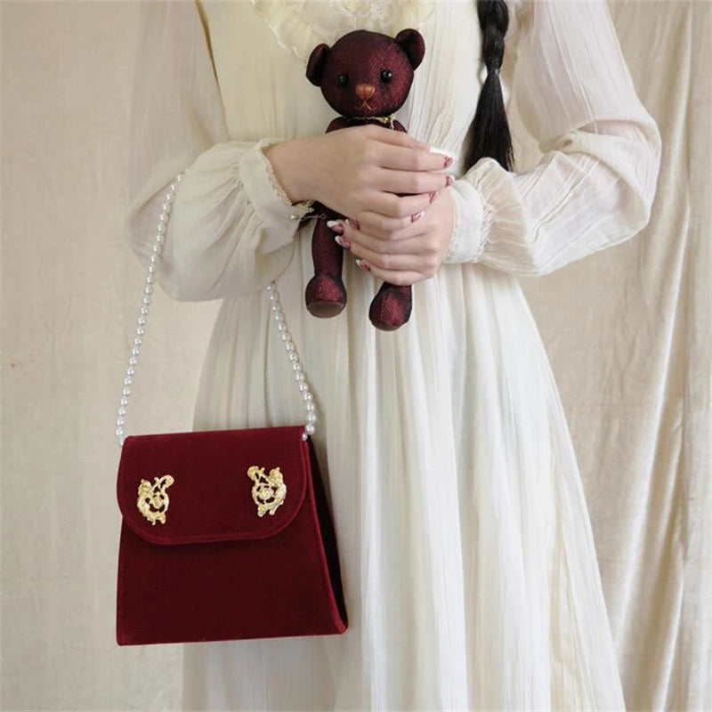Vintage Small Square Bag Red Velvet Women Handbags Cupid's Arrow Chain