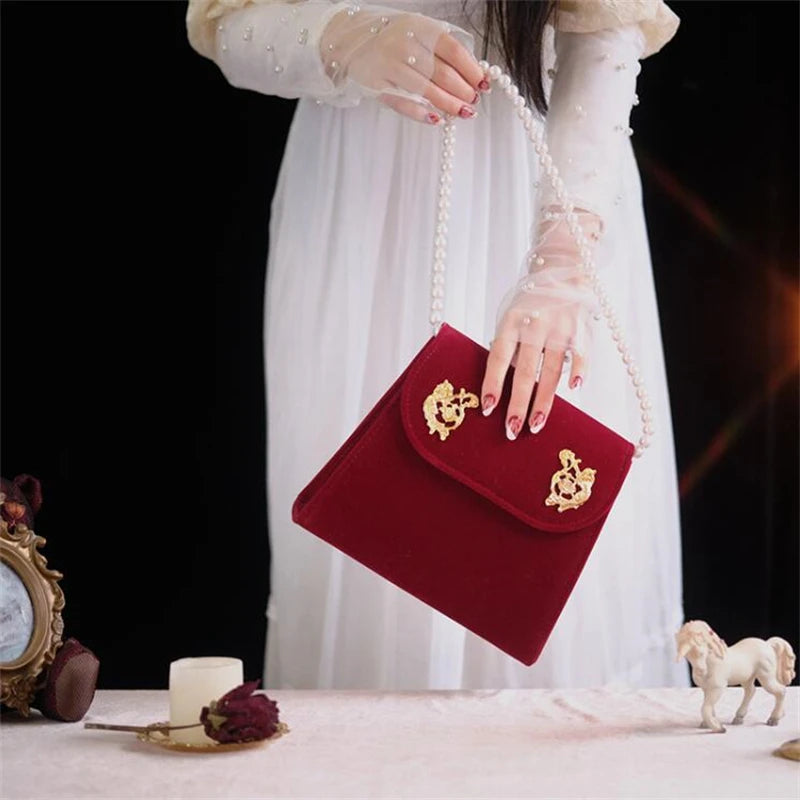 Vintage Small Square Bag Red Velvet Women Handbags Cupid's Arrow Chain