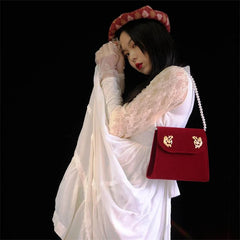 Vintage Small Square Bag Red Velvet Women Handbags Cupid's Arrow Chain