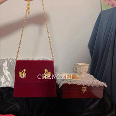 Vintage Small Square Bag Red Velvet Women Handbags Cupid's Arrow Chain