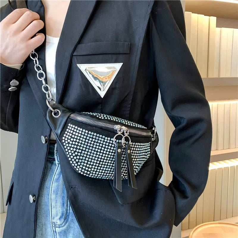 Diamond Leather Female Belt Bag Ladies Fanny pack Hip pack Woman Shoulder Crossb