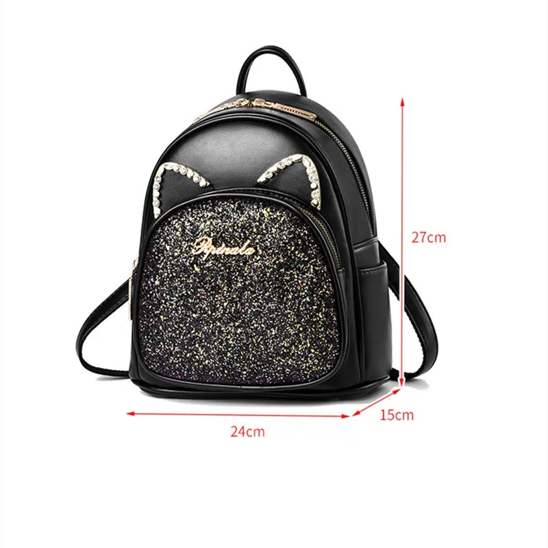Diamond Sequin Cat Women Backpack Rhinestone Female Leather Backpack