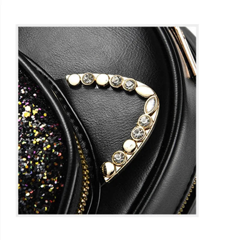 Diamond Sequin Cat Women Backpack Rhinestone Female Leather Backpack