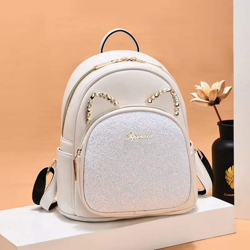 Diamond Sequin Cat Women Backpack Rhinestone Female Leather Backpack