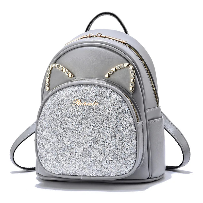 Diamond Sequin Cat Women Backpack Rhinestone Female Leather Backpack