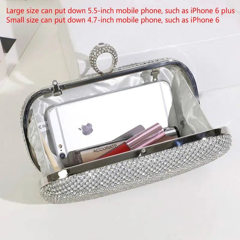 Diamond Studded Evening Bags Finger Ring Clutch