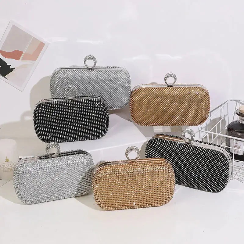 Diamond Studded Evening Bags Finger Ring Clutch