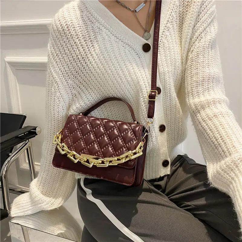 Red Brown Quilted Chain Shoulder Bag Leather Women'S Handbag