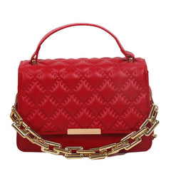 Red Brown Quilted Chain Shoulder Bag Leather Women'S Handbag