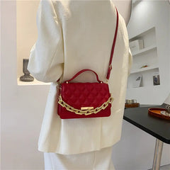 Red Brown Quilted Chain Shoulder Bag Leather Women'S Handbag