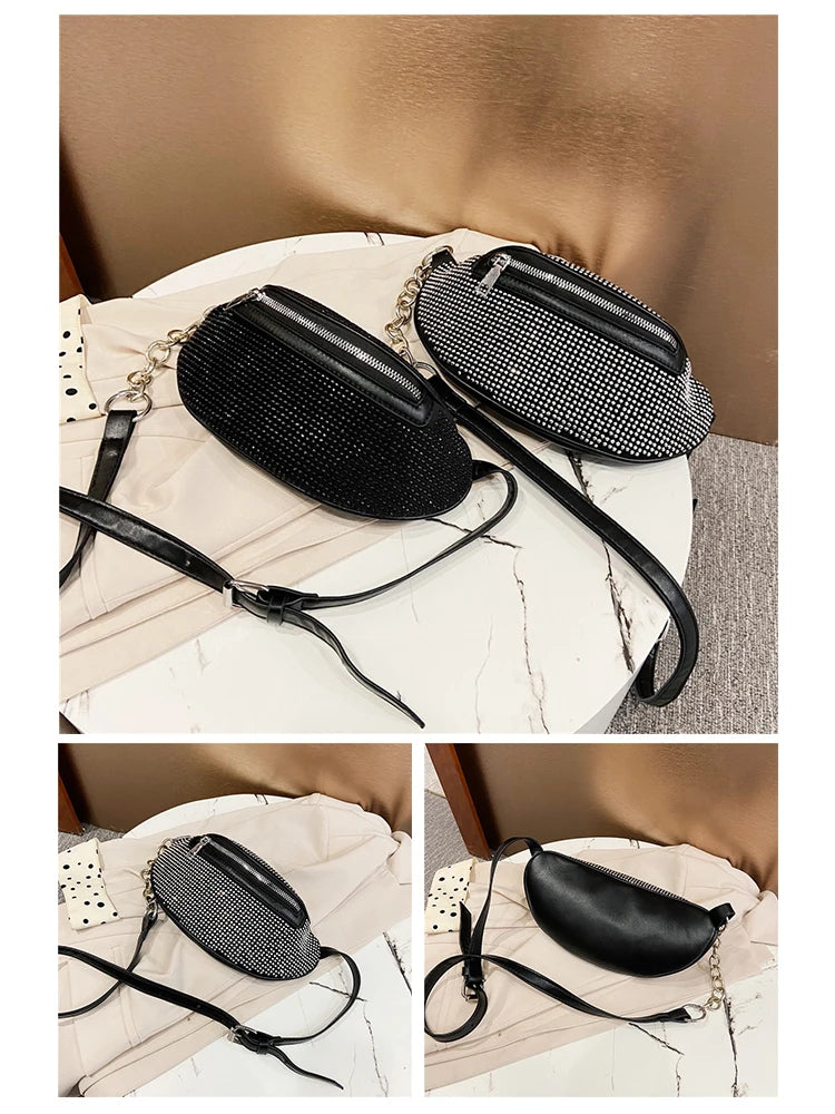 Diamond Women's Waist Bag Leather Belt Crossbody Chest Bag Female Fanny Pack