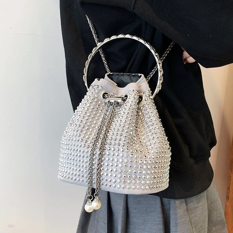Crystal Bucket Bag Metal Handle Shoulder Messenger Bag