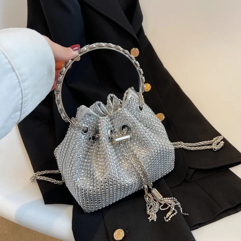 Diamonds Tassel Evening Clutch Bag Crystal Bucket Purse