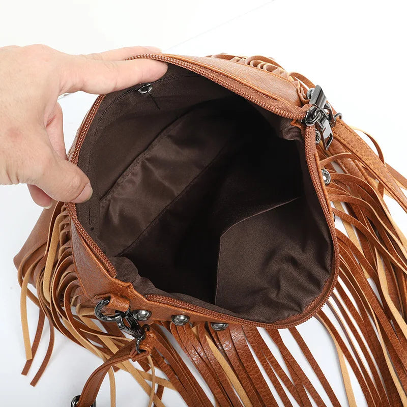 Soft PU Leather Shoulder Bag Women Rivet Tassel Messenger Bag