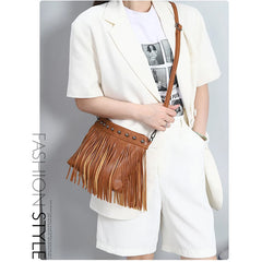 Soft PU Leather Shoulder Bag Women Rivet Tassel Messenger Bag
