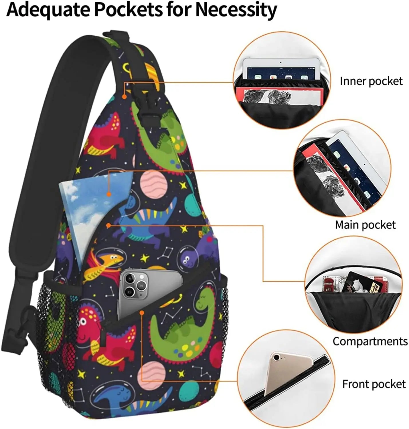 Dino Pattern Sling Backpack, Casual Crossbody Shoulder Bag