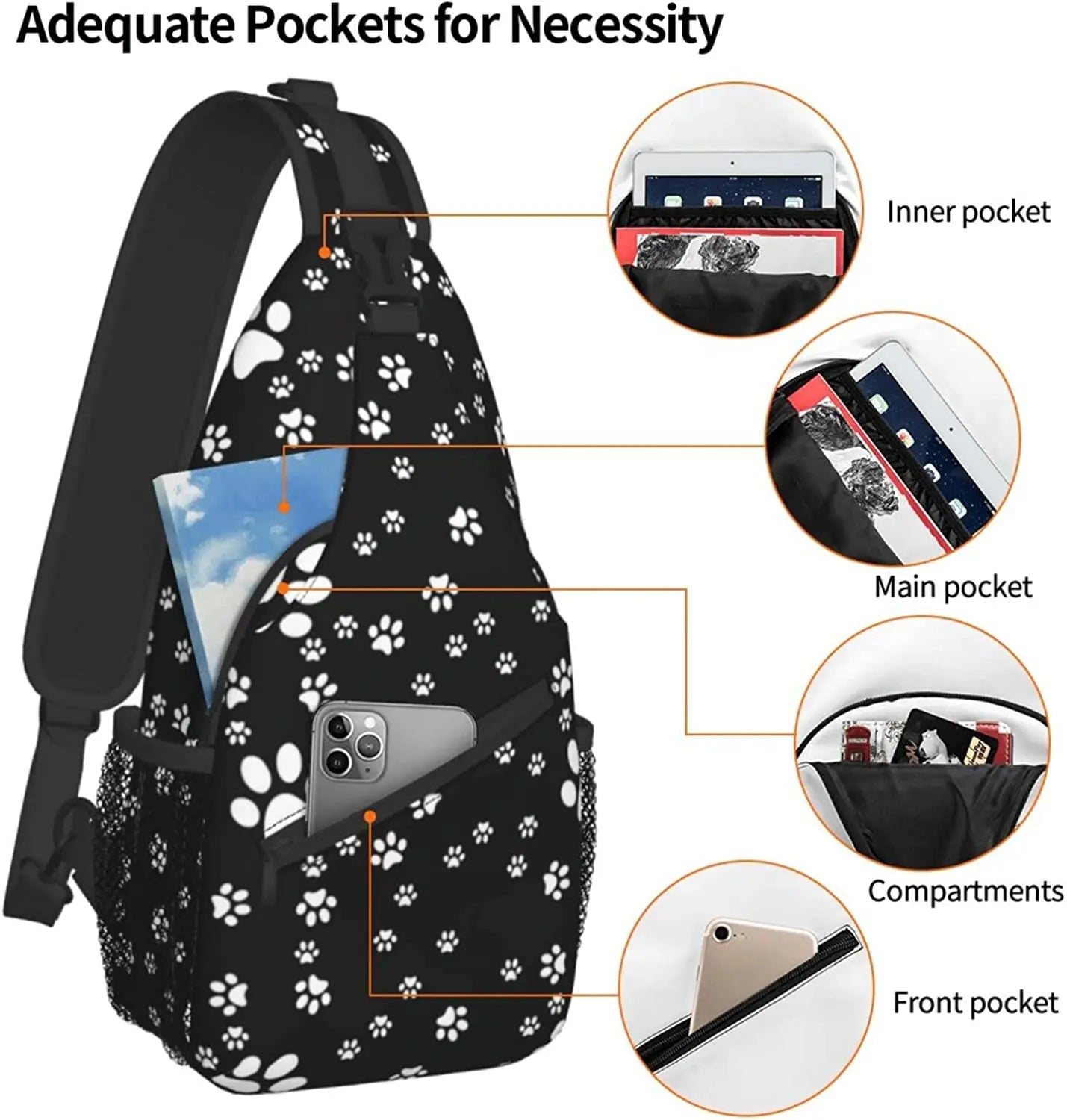 Dog Paw Prints Bones Sling Backpack, Crossbody Shoulder Bag for Sport Hiking
