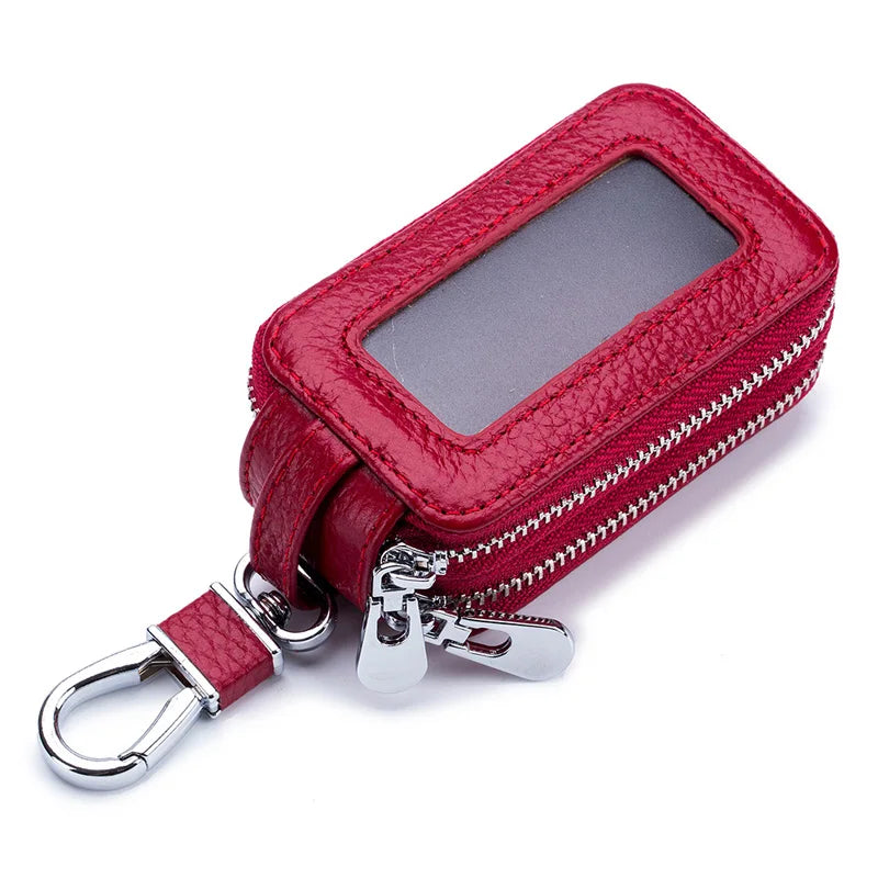 Double Layers Car Key Holder Soft Leather Multi-function Double Zipper