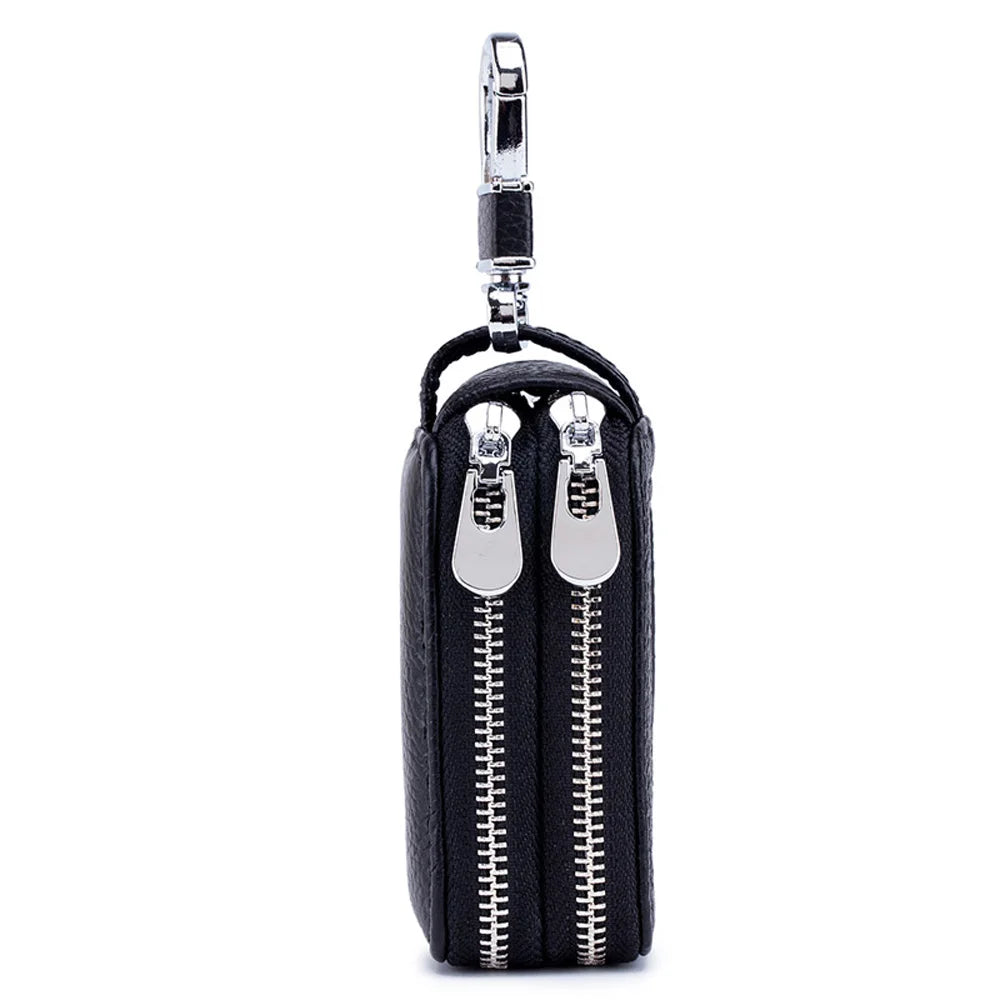 Double Layers Car Key Holder Soft Leather Multi-function Double Zipper