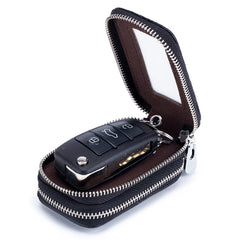 Double Layers Car Key Holder Soft Leather Multi-function Double Zipper