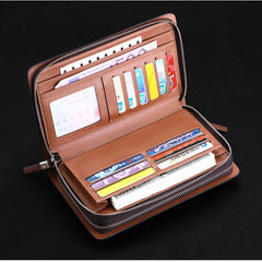 Double Zipper Men Clutch Bag Leather Long Purse Organizer Wallet
