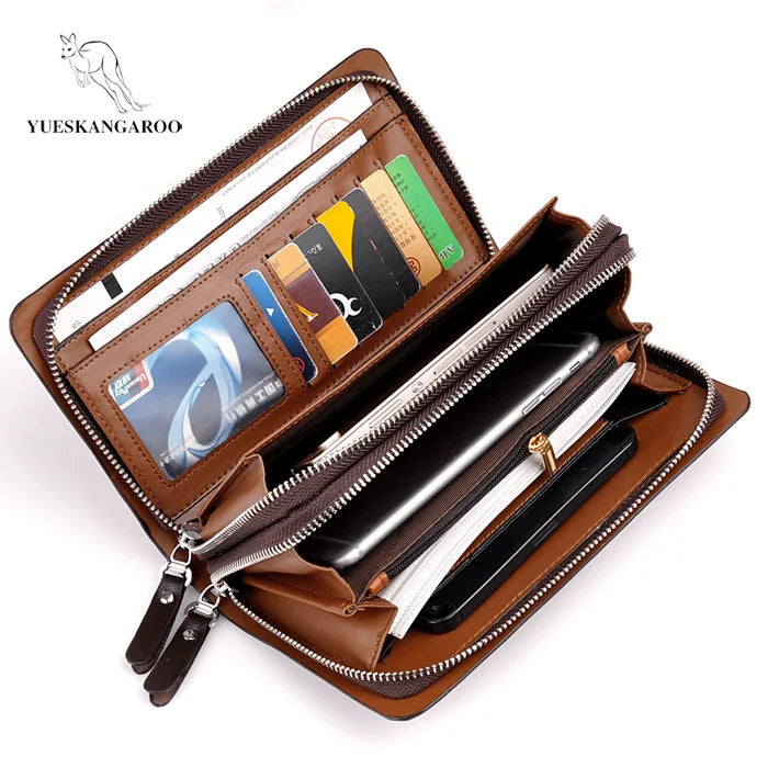 Double Zipper Men Clutch Bag Leather Long Purse Organizer Wallet