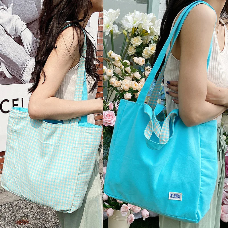 Double-sided Canvas Lattice Shoulder Bag 2-in-1 Handbag