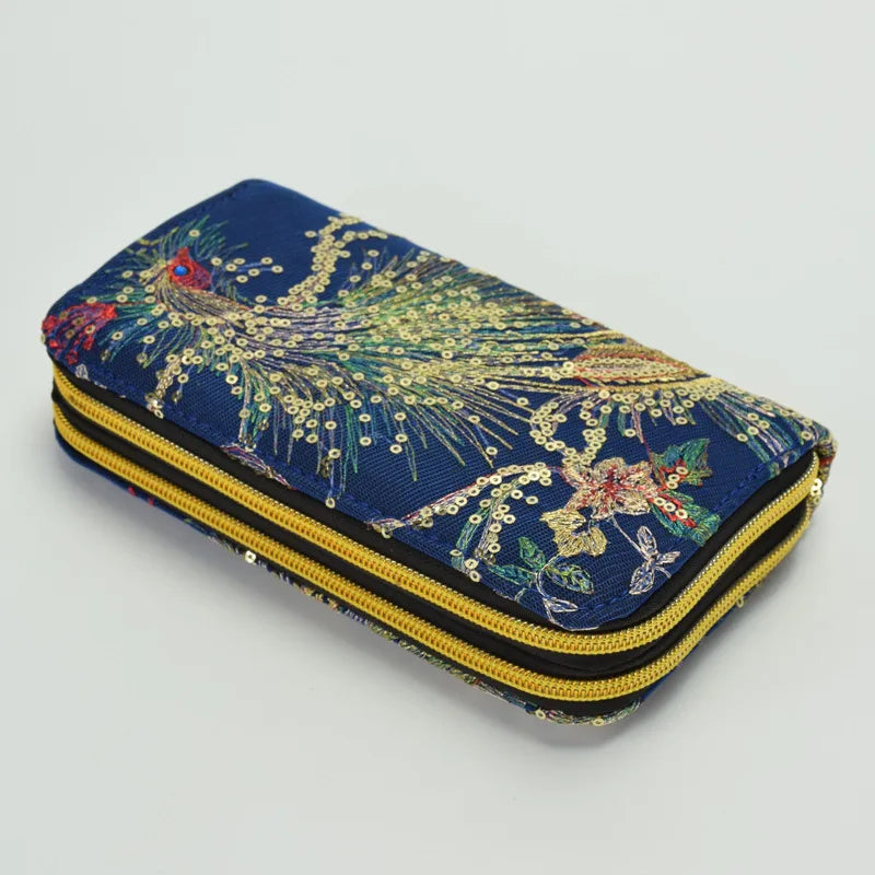Embroidered Peacock Wallet with Long Zipper